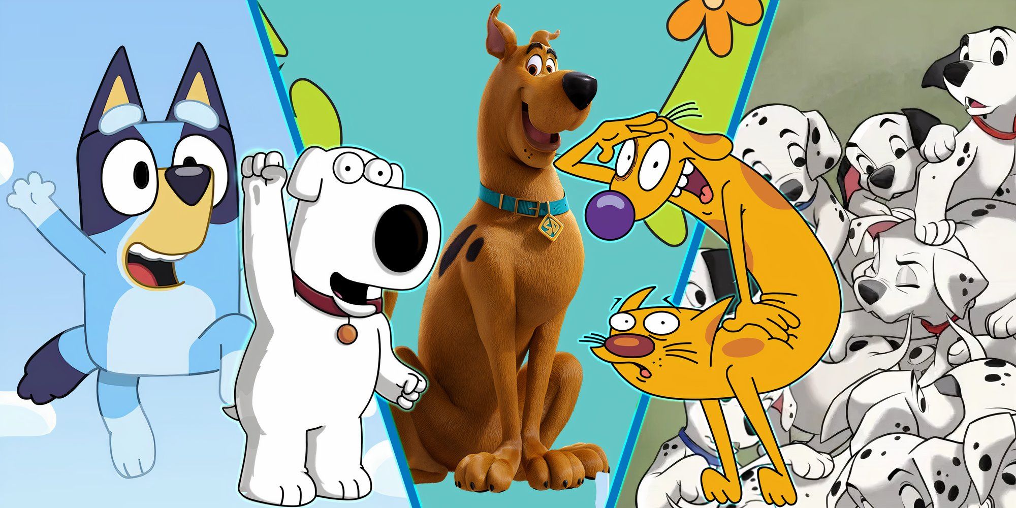 Famous TV dog collage with Bluey, Scooby, Brian, Catdog and 101 Dalmatians