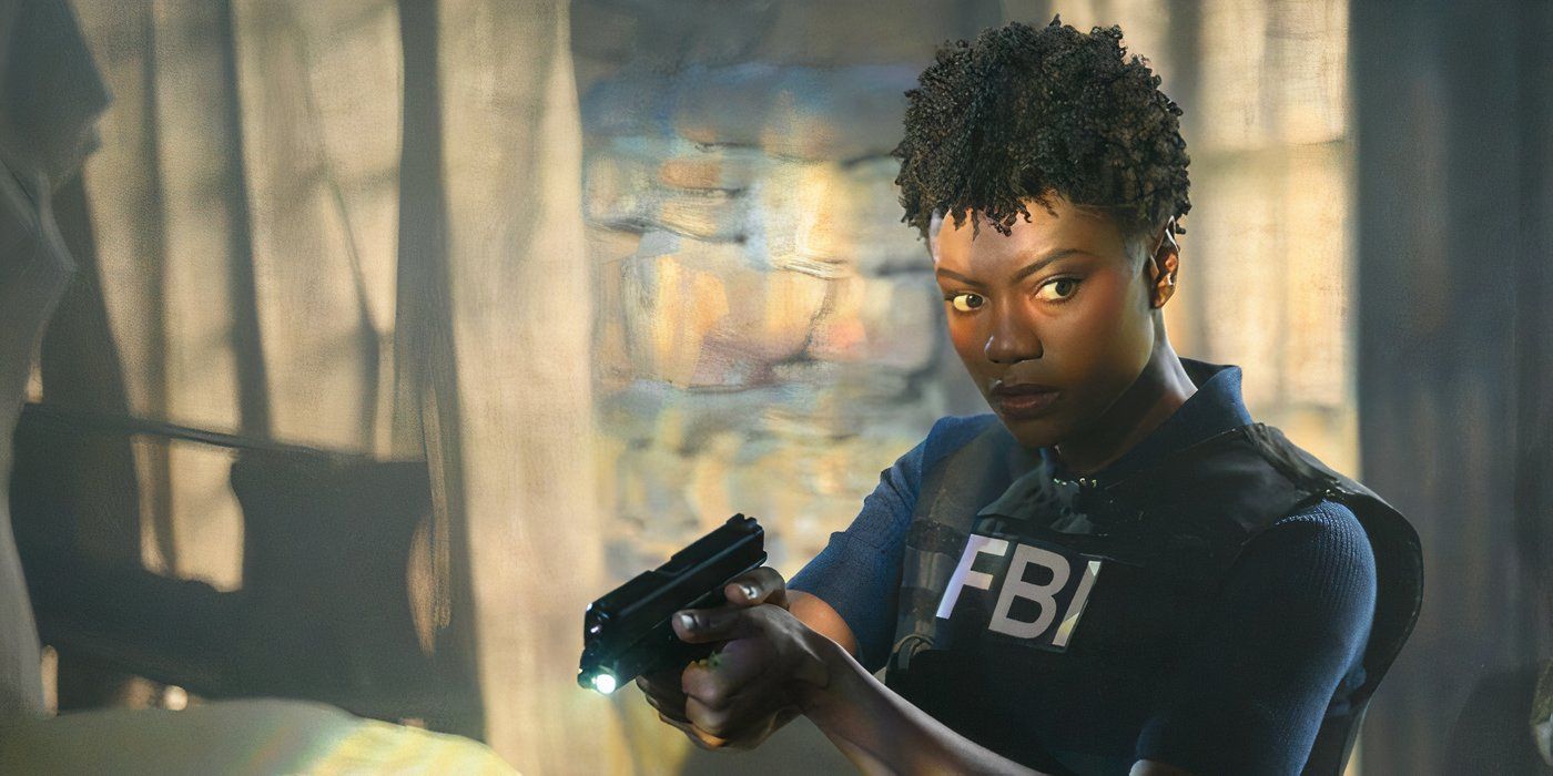 FBI Special Agent Tiffany Wallace (Katherine Renee Kane) entering a location with her gun drawn in FBI episode "Charlotte's Web"