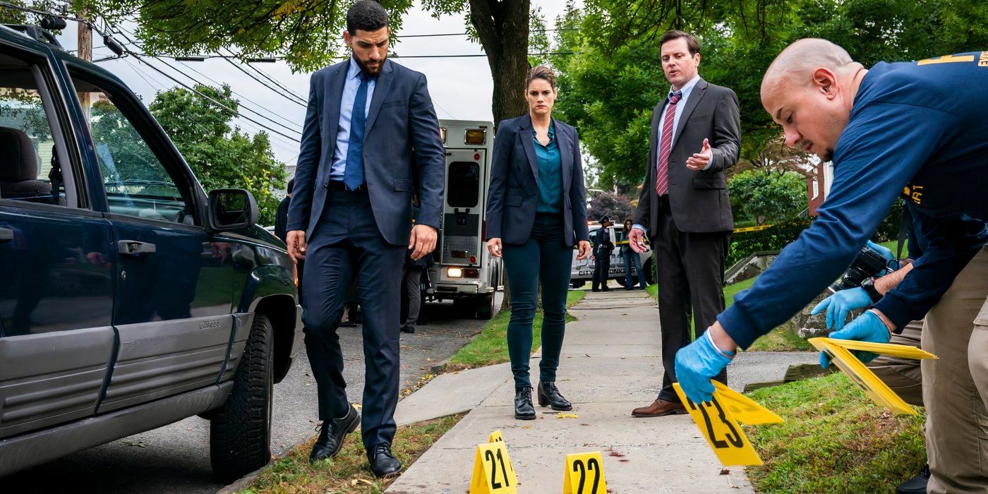 FBI Special Agent Omar Adom 'OA' Zidan (Zeeko Zaki) and Maggie Bell (Missy Peregrym) investigate a crime scene with Michael Mosley as U.S. Marshal Paul Ackerman in FBI episode "Compromised"