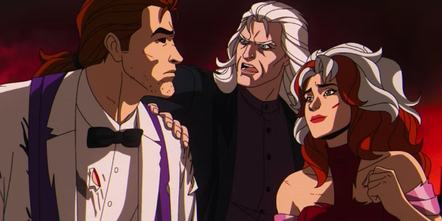 Gambit, Magneto and Rogue convene during the genocidal attack on Genosha in X-Men '97.