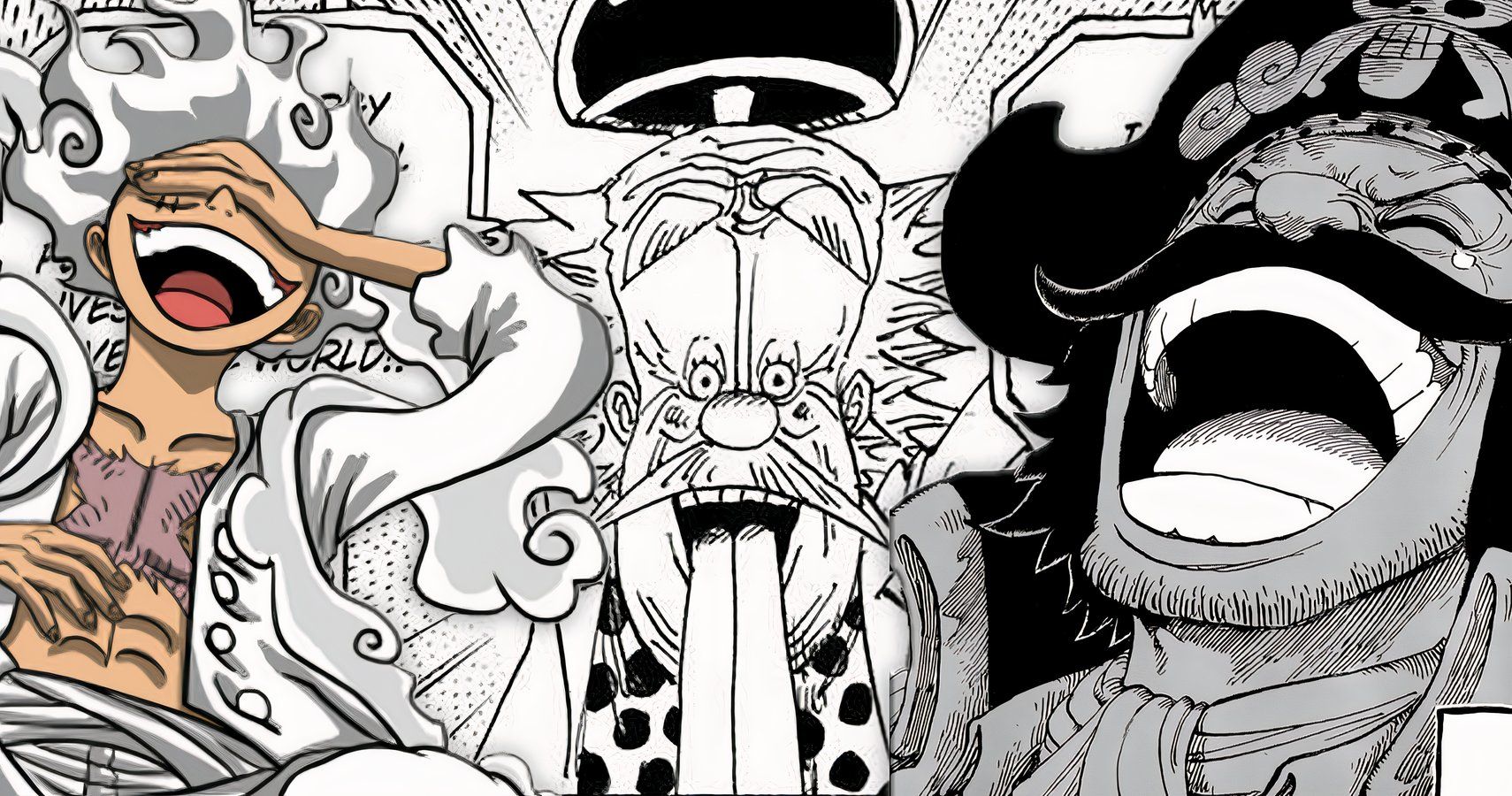 Gear 5 Luffy laughing, Dr Vegapunk, and Gol D Roger laughing