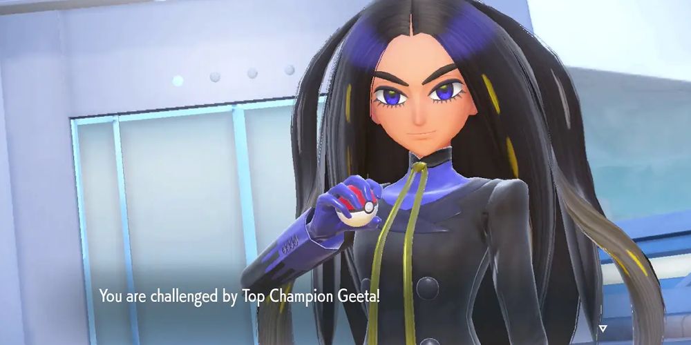 A batalha contra o Top Champion Geeta começa em Pokémon Scarlet e Violet enquanto ela prepara orgulhosamente uma Pokébola.