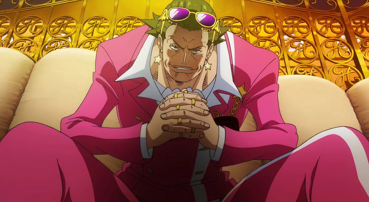 Gild Tesoro from One Piece sits on his couch