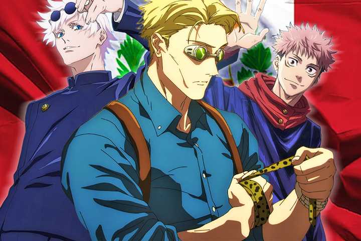 Jujutsu Kaisen's Gojo, Nanami, and Yuji with the official flag of Peru