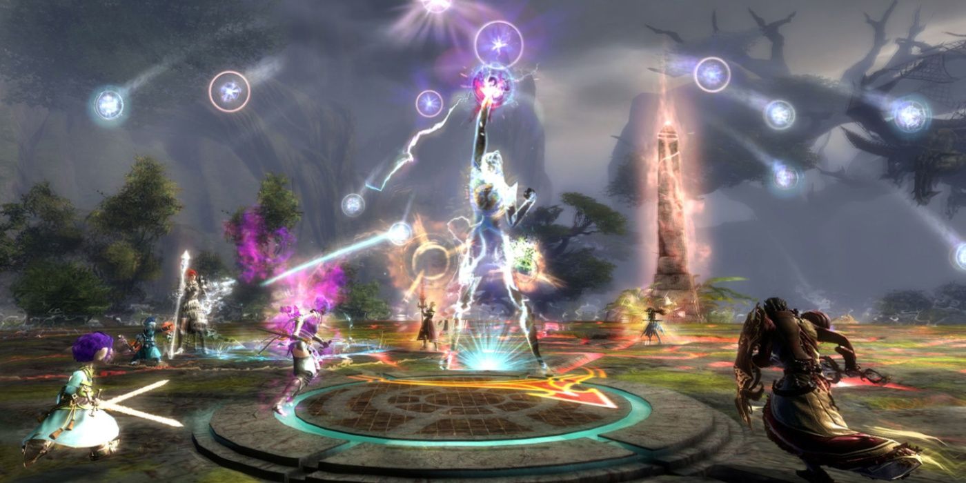 A Guild Wars 2 party in combat against a massive enemy.