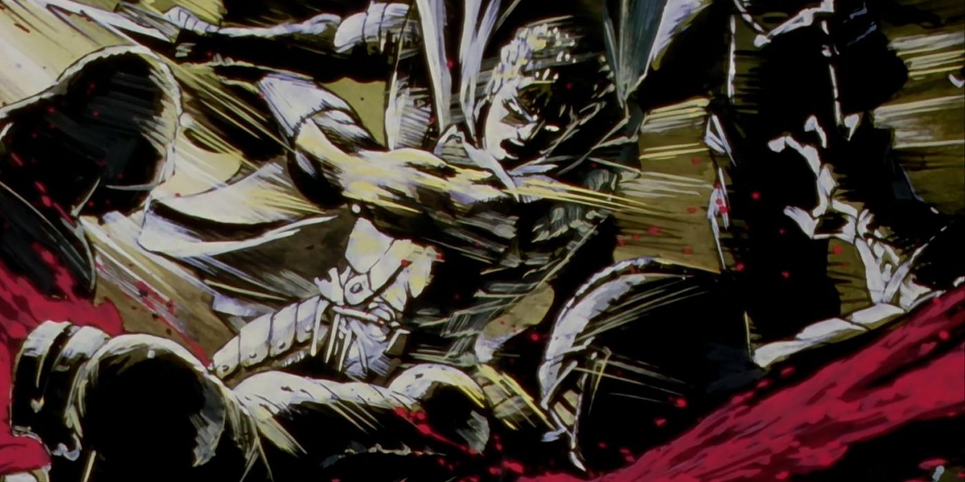 Guts cuts through enemy soldiers in Berserk (1997).