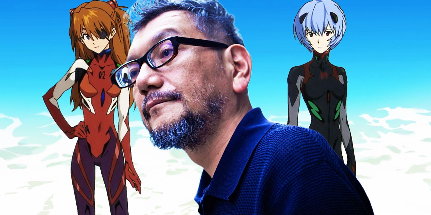 Evangelion creator Hideaki Anno with Asuka and Rei from the anime