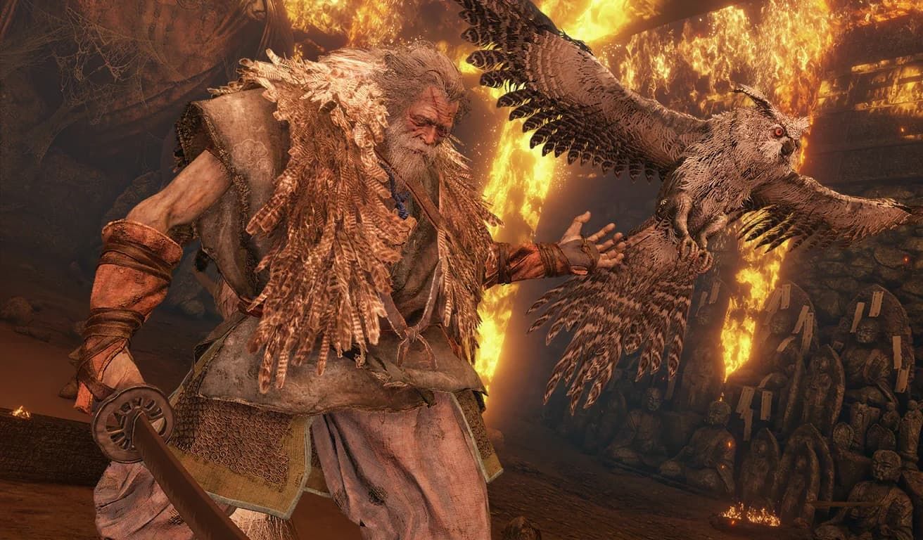 Pai Coruja de Hirata Estate em um prédio em chamas em Sekiro