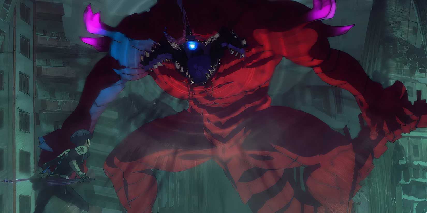 An evolved Kaiju No. 10 roars at Vice Captain Hoshina in Kaiju No. 8 Episode 9.