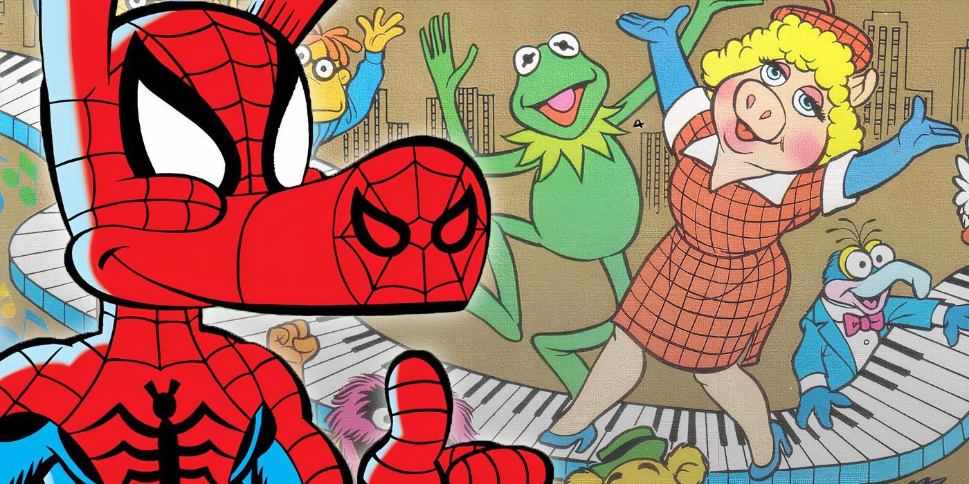 Spider-Ham giving a thumbs-up while the Muppets dance on a piano from Marvel's Star Comics