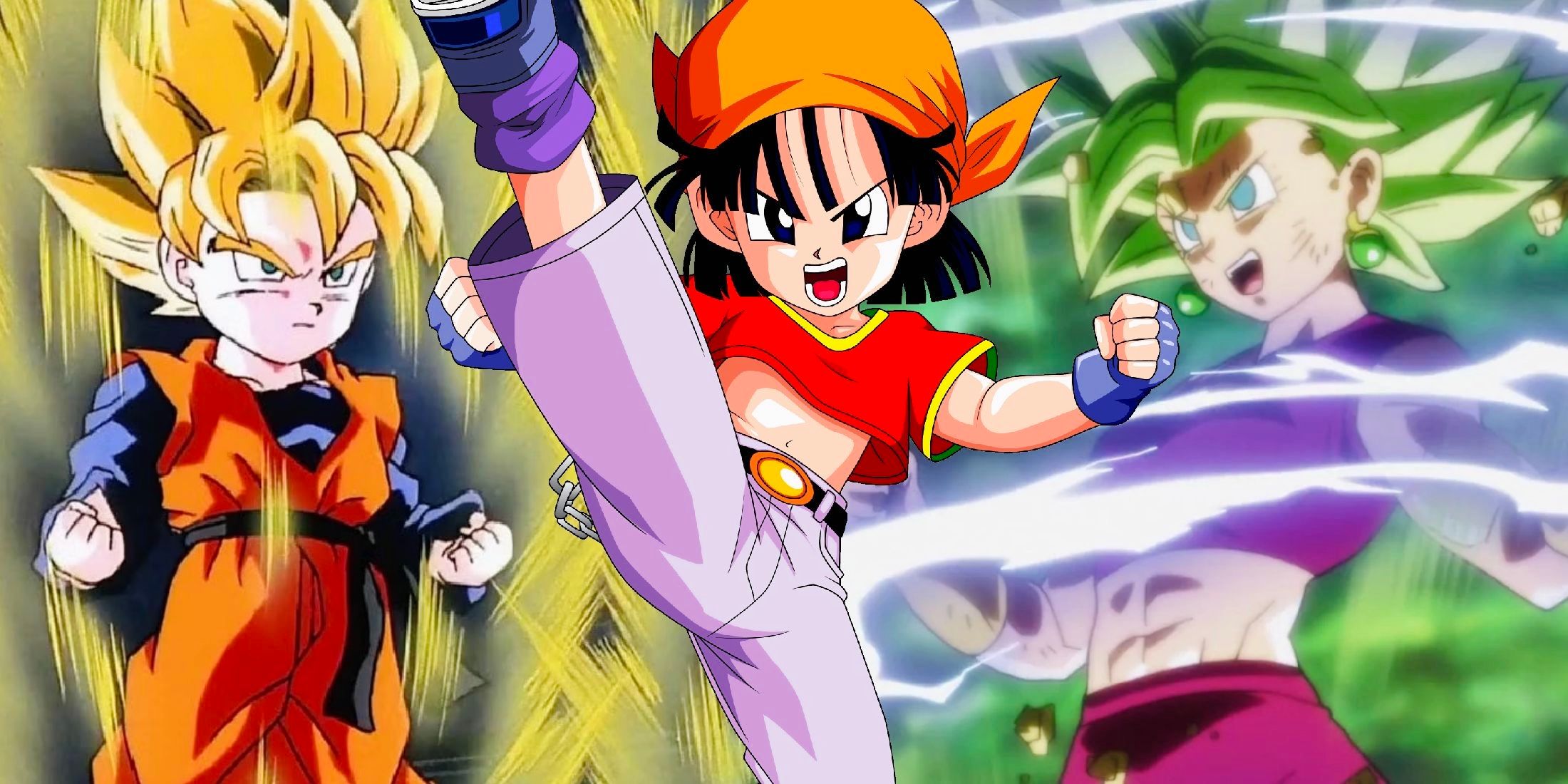 Pan kicking an enemy in Dragon Ball GT with Goten SSJ from DBZ and Kefla from Super