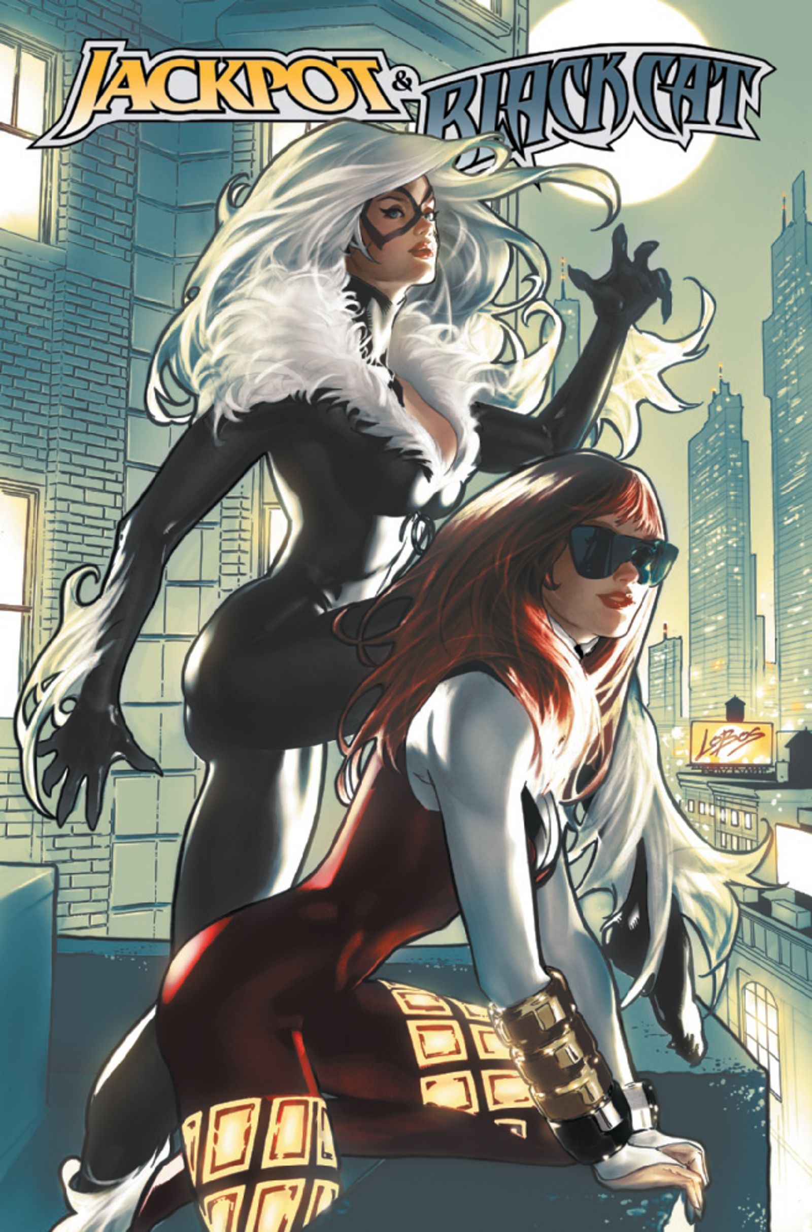 Jackpot and Black Cat are perched on the edge of the roof of a building in NYC