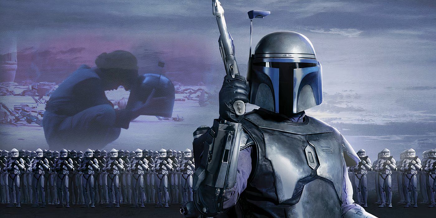 Jango Fett with clone troopers while Boba Fett mourns his father from Star Wars Episode II – Attack of the Clones