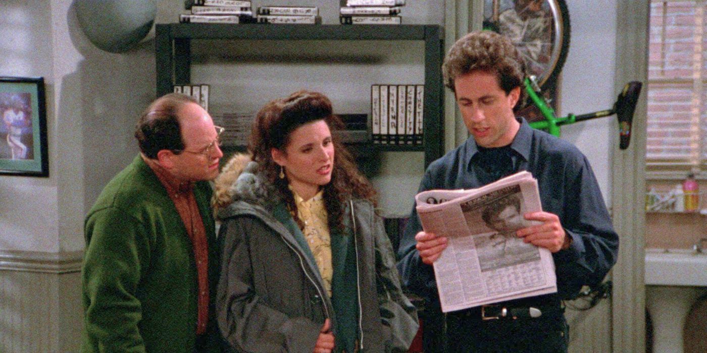 Jerry George and Elaine reading the newspaper on Seinfeld.