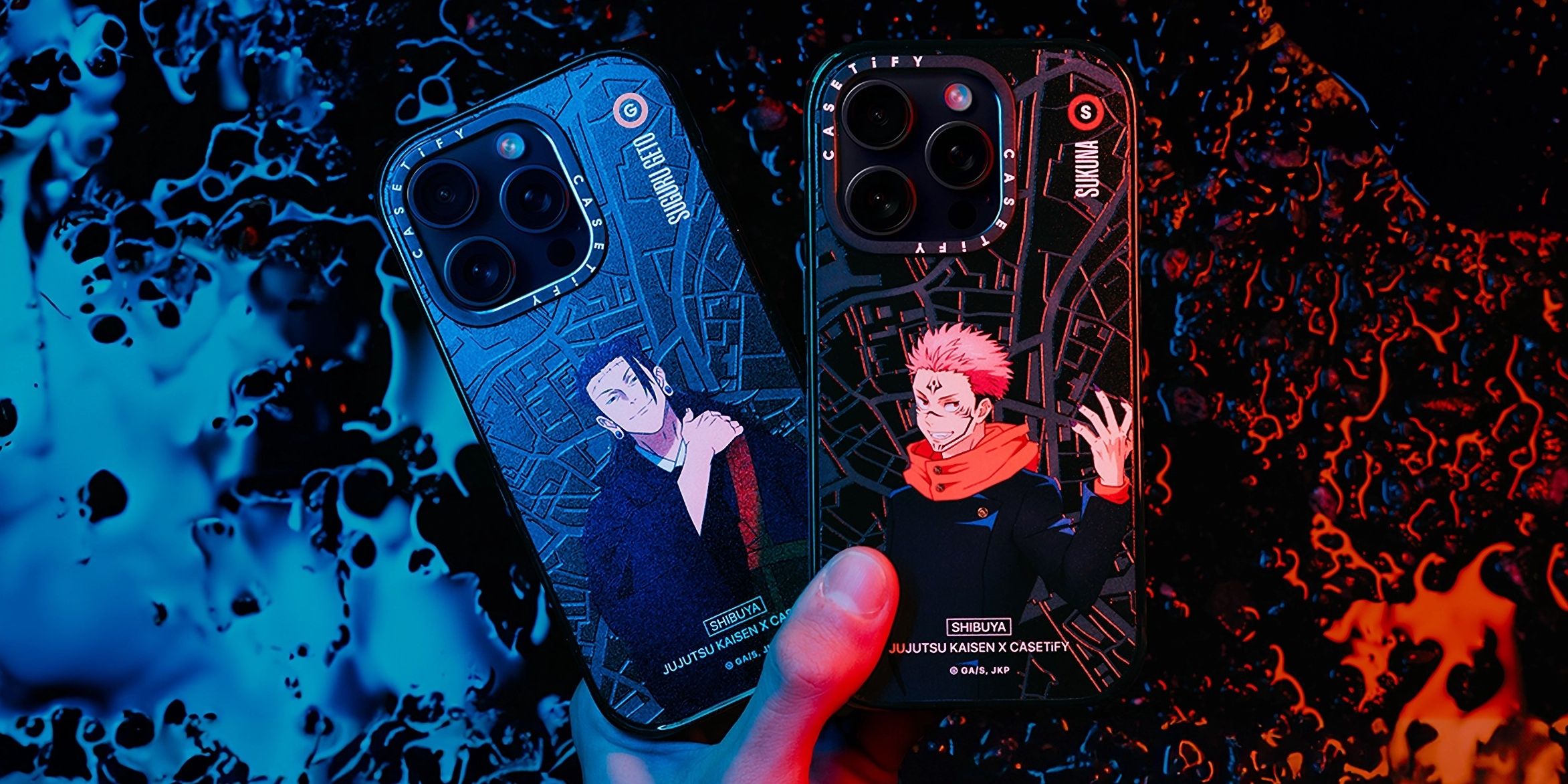 Phone cases from the Jujutsu Kaisen x CASETiFY collection featuring Sukuna and Geto