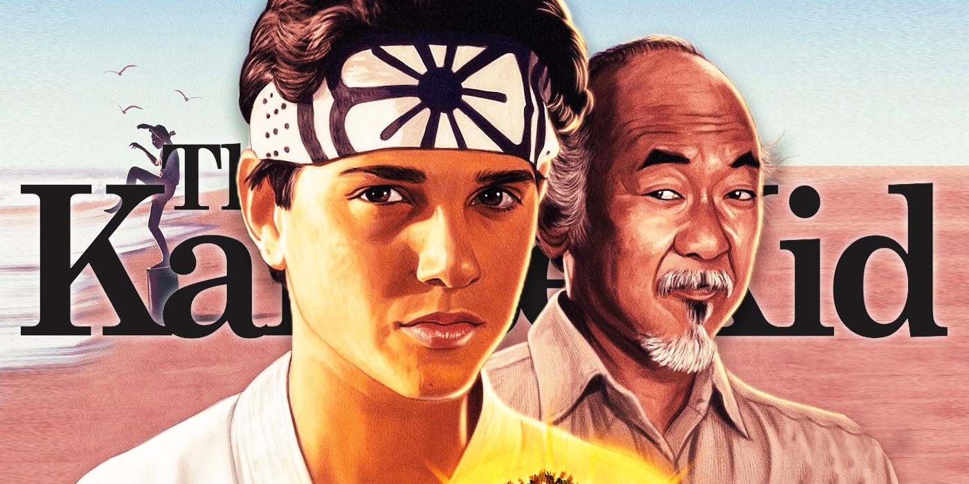 A vintage artistic depiction of protagonist Daniel LaRusso and his teacher, Mr. Miyagi, against a beach background.