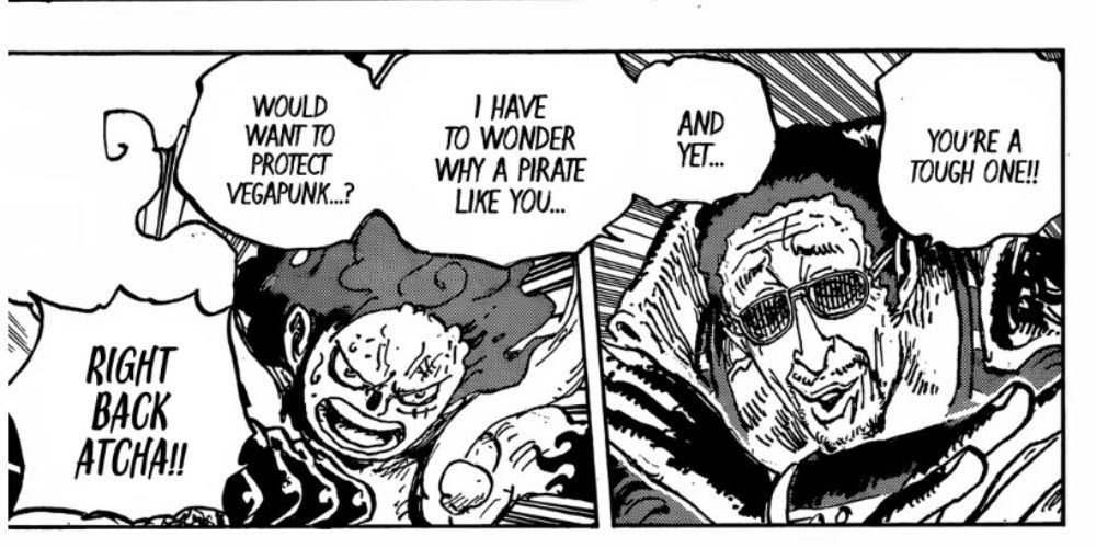 Kizaru and Luffy, who is using Gear 4, are talking about Dr. Vegapunk during the Egghead Island Arc of One Piece.