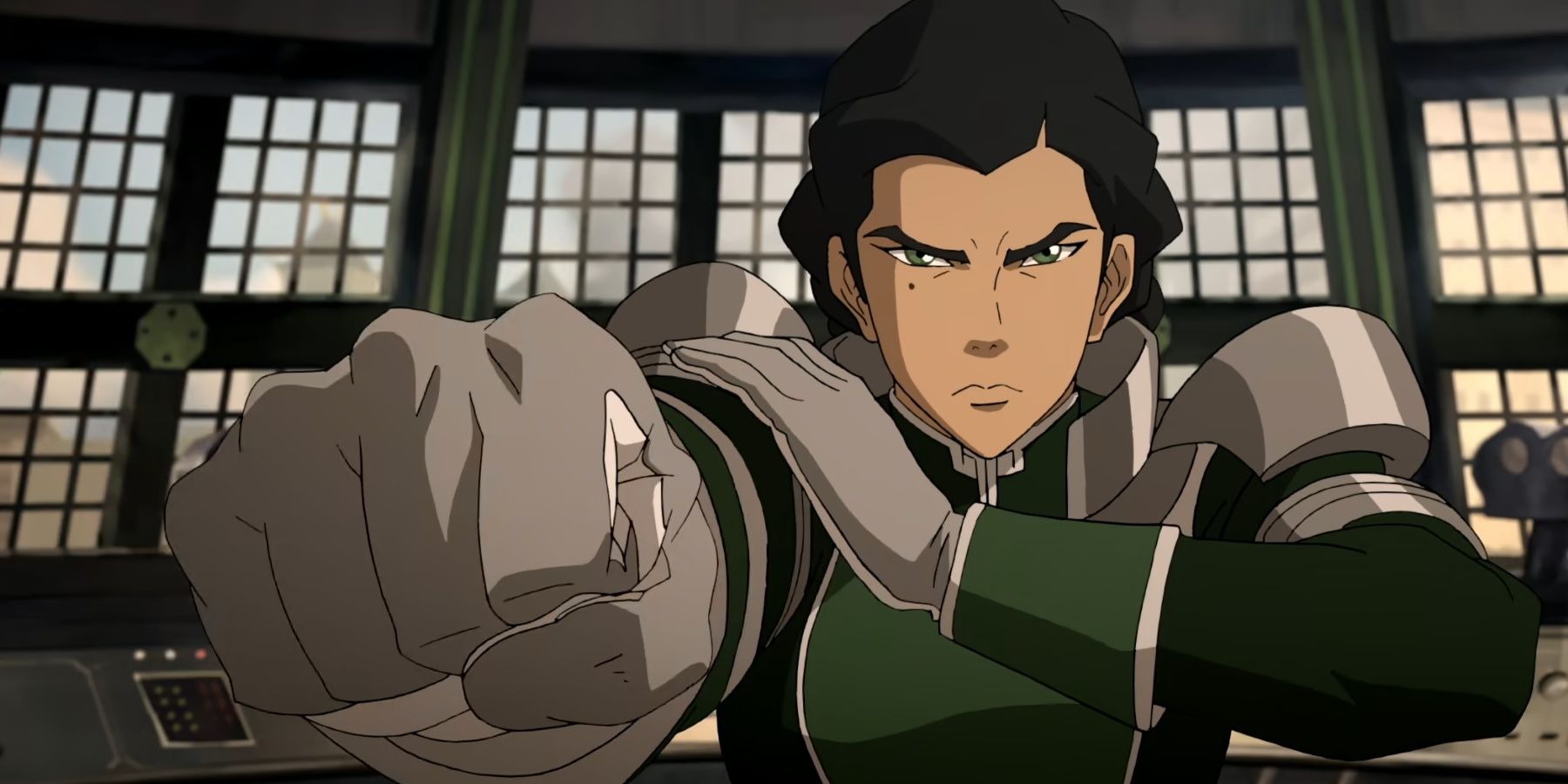 Kuvira makes a fist while piloting the colossus in The Legend of Korra.