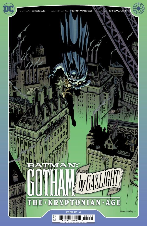 Batman sobrevoa Gothan na capa de Batman Gotham by Gaslight: The Kryptonian Age #1.