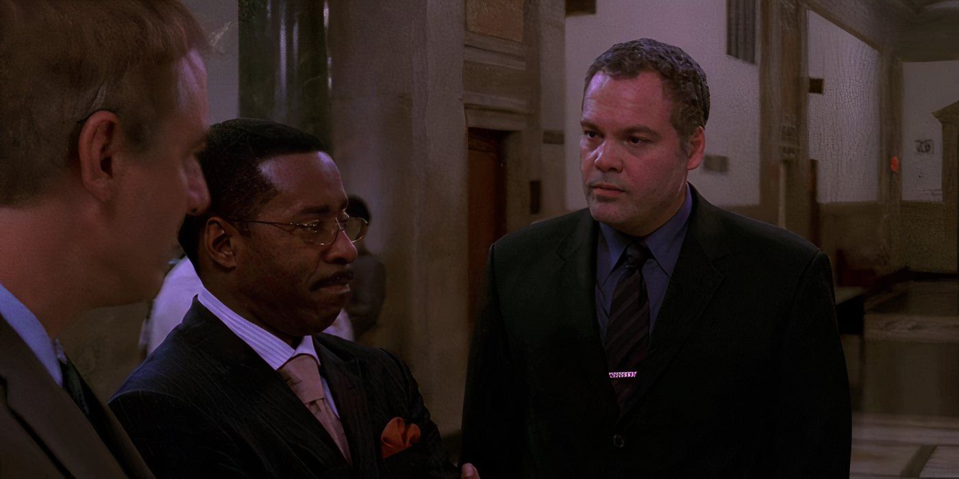 Detective Goren (Vincent D'Onofrio) talking to ADA Carver (Courtney B. Vance) in the courthouse in Law and Order: CriminaI Intent episode "In The Wee Small Hours: Part 2"