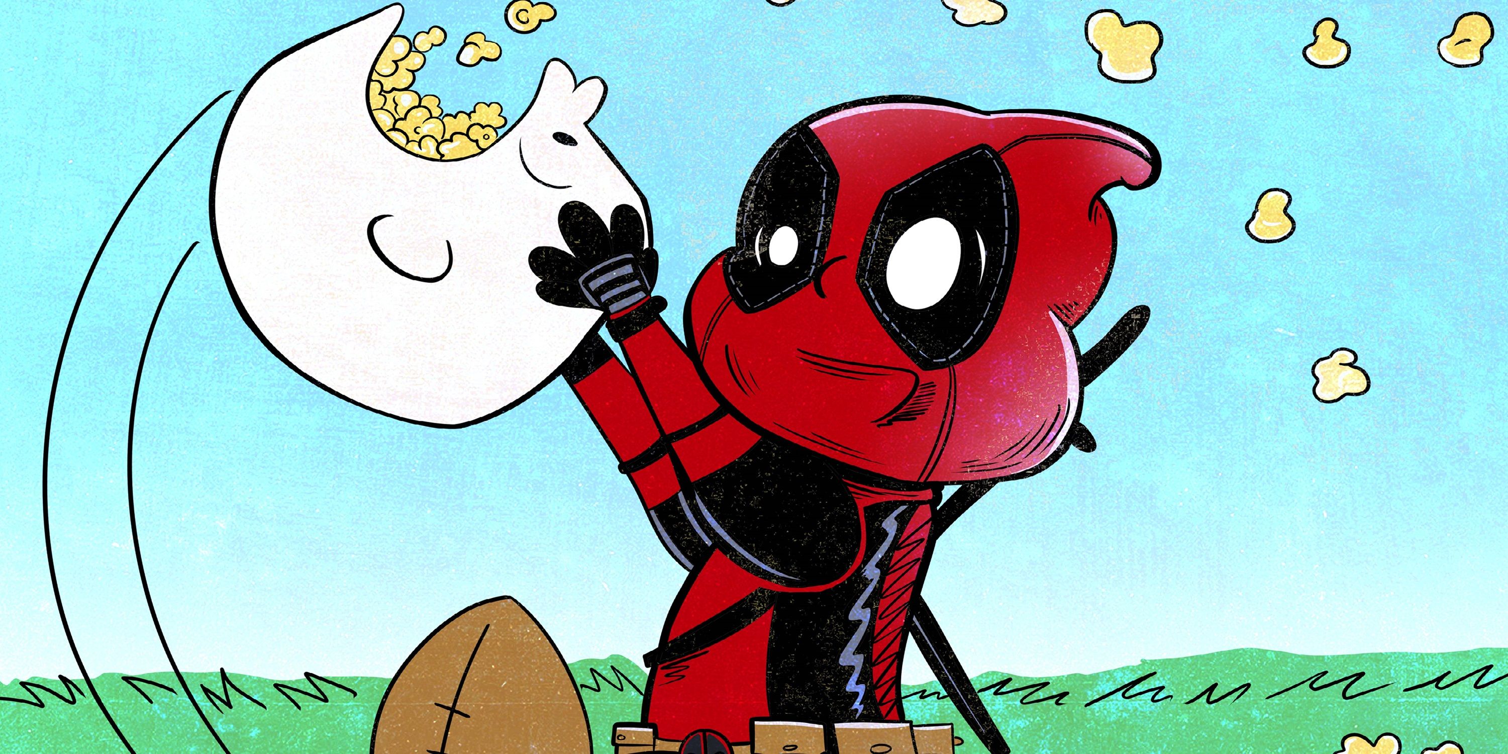 Deadpool eats popcorn out of a Charlie Brown popcorn bucket