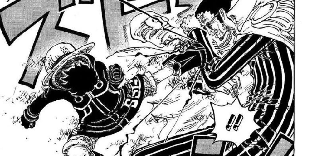 Luffy is kicking Kizaru during the Egghead Island Arc in One Piece. Kizaru is blocking with his arm.