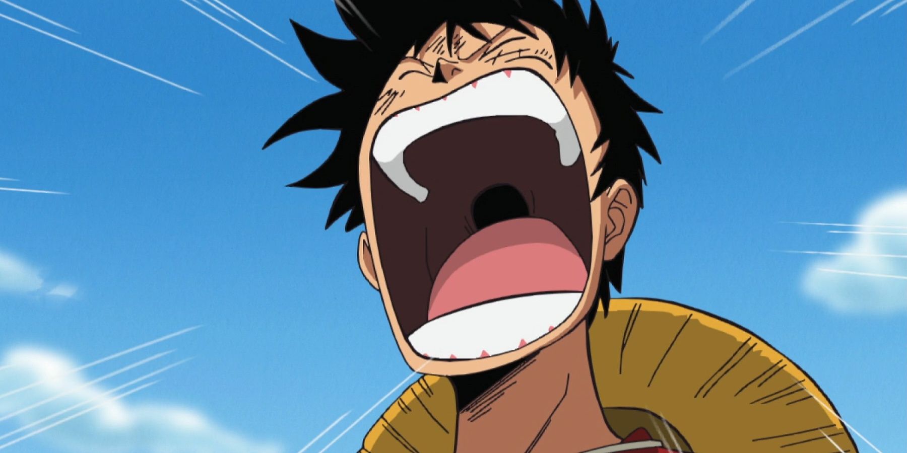 Luffy shouts with passion against a blue sky.