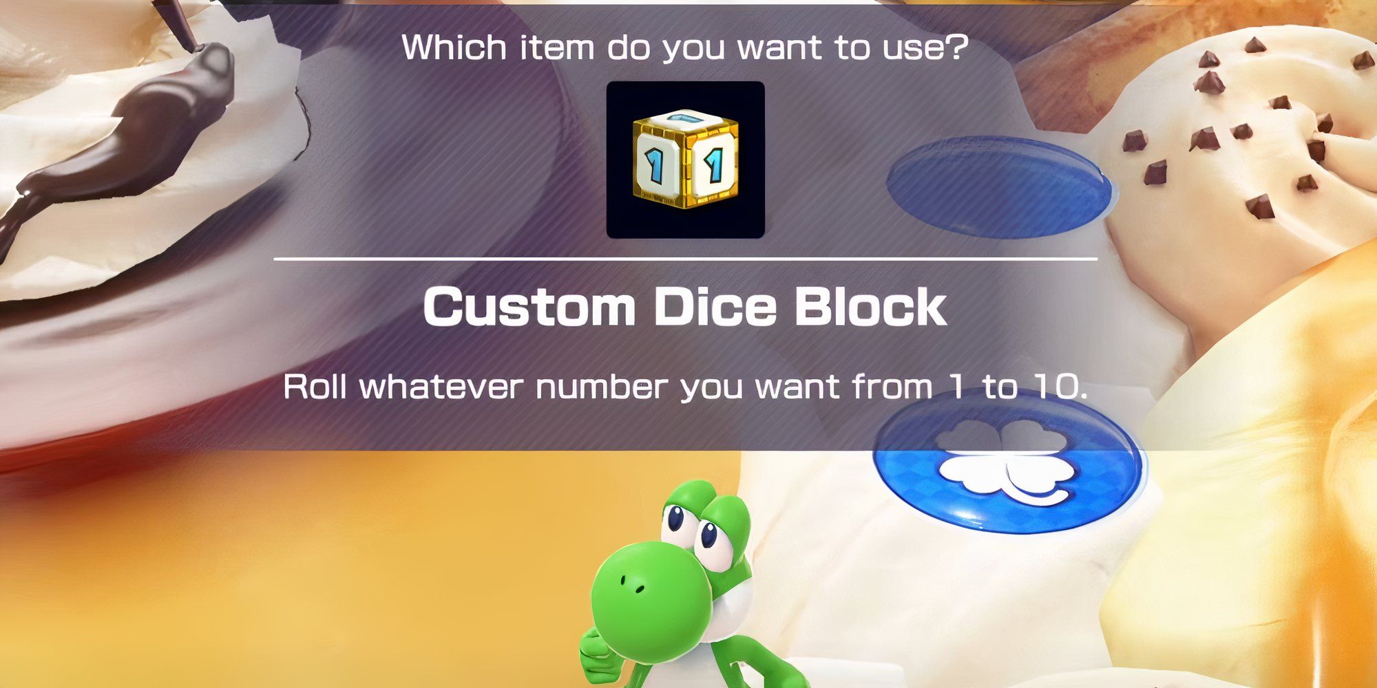 Yoshi está pensando em usar um bloco de dados personalizado em Mario Party Superstars.