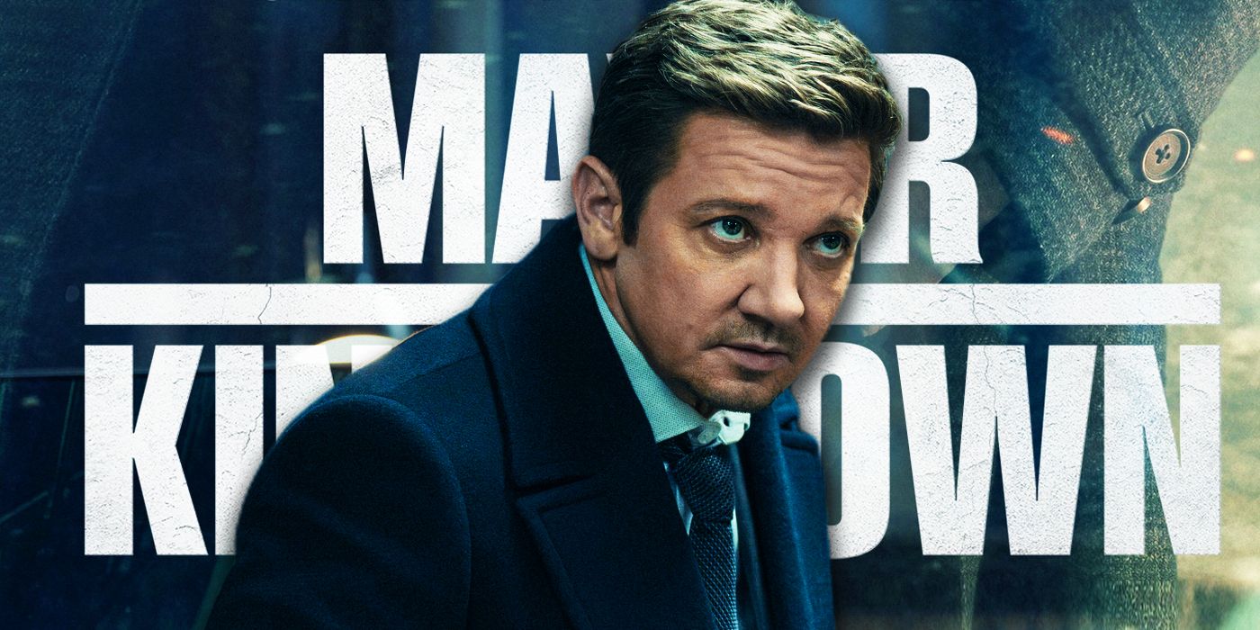 Mike (actor Jeremy Renner) leans forward in a suit in front of the logo of the Mayor of Kingstown