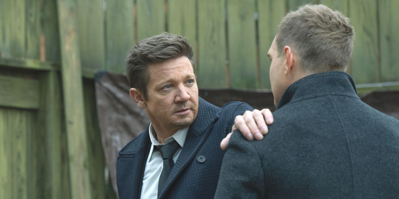 Mike McLusky (actor Jeremy Renner) puts his hand on Kyle's shoulder in Mayor of Kingstown