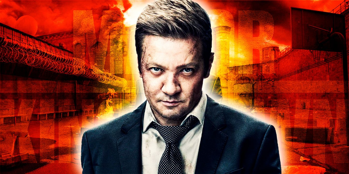 Mike McLusky (actor Jeremy Renner) from Mayor of Kingstown with bruises against a red background