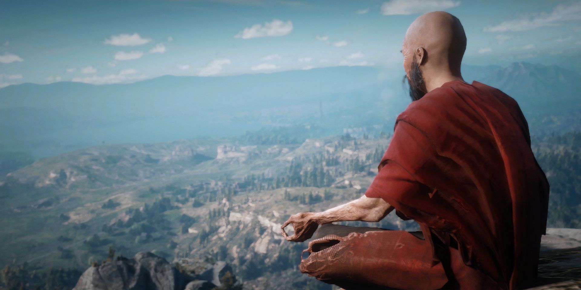 O Monge Meditador meditando na beira de um penhasco em Red Dead Redemption II