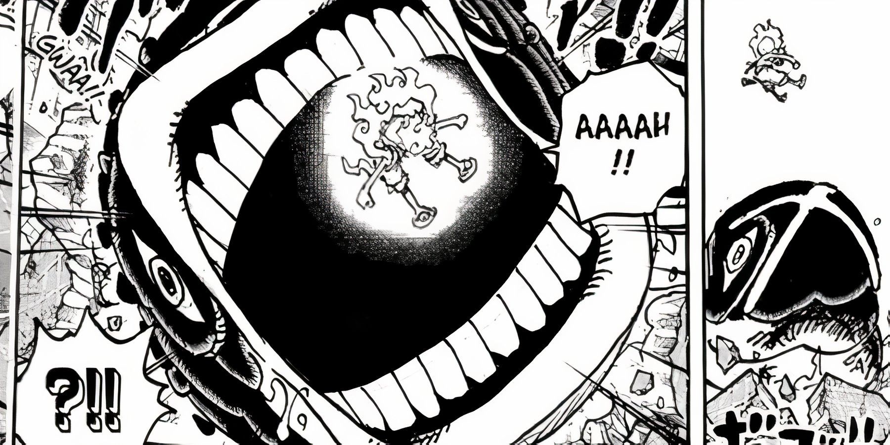 Saint Ju Peter tries to swallow Gear Five Luffy in his worm form in the One Piece manga.