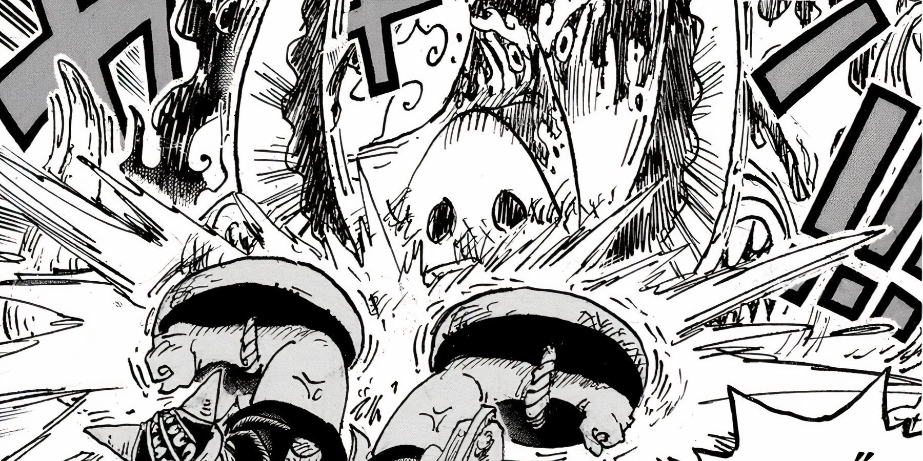 Saint Warcury attacks Broggy and Dorry with his tusks in the One Piece manga.