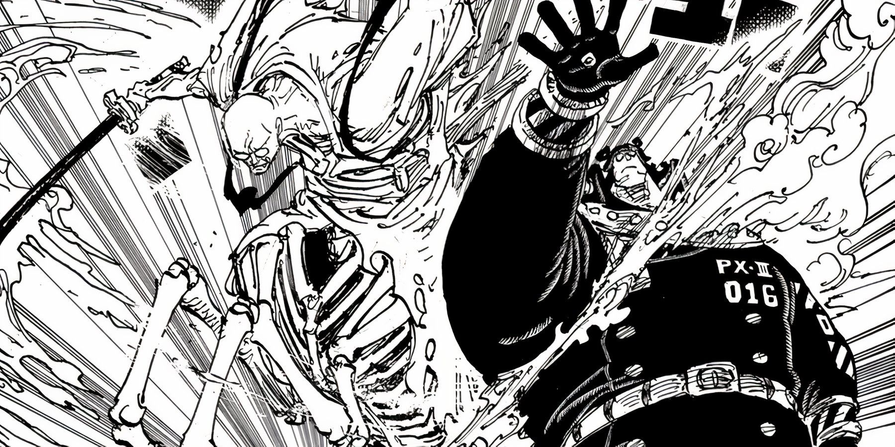 Saint V. Nusjuro defeats a Pacifista with a single slash while using his hybrid form in the One Piece manga.