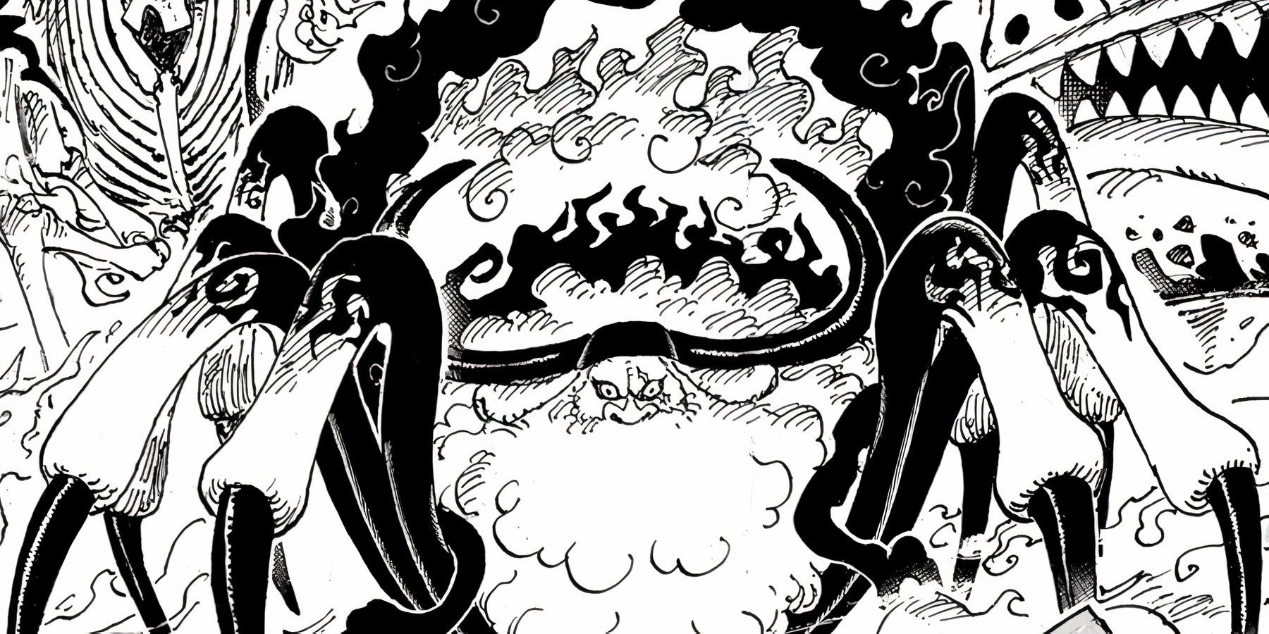Saint Jaygarcia Saturn faces Luffy in his Beast Form with the other Five Elders in the One Piece manga.