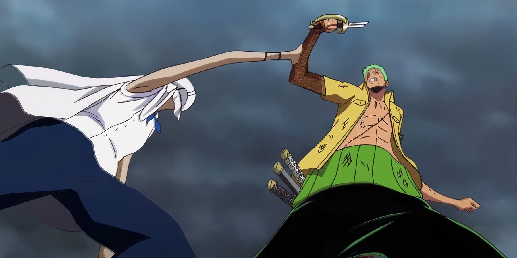 Captain Shu uses the Rust-Rust Fruit to rust Zoro's joints during One Piece's Enies Lobby Arc 