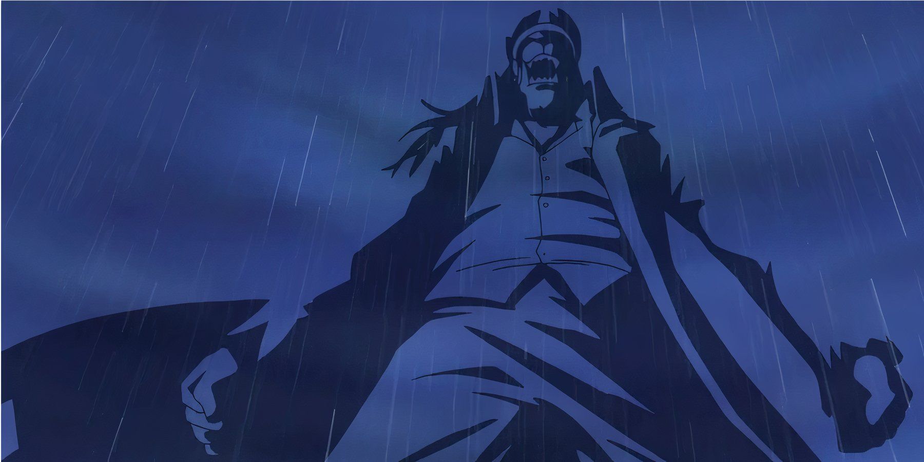 Absalom laughs in the rain while using the Clear-Clear Fruit's invisibility in One Piece.