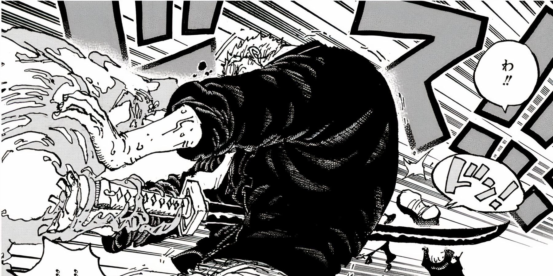 Shiryu uses the Clear-Clear Fruit to stab Vice Admiral Garp in the One Piece manga.