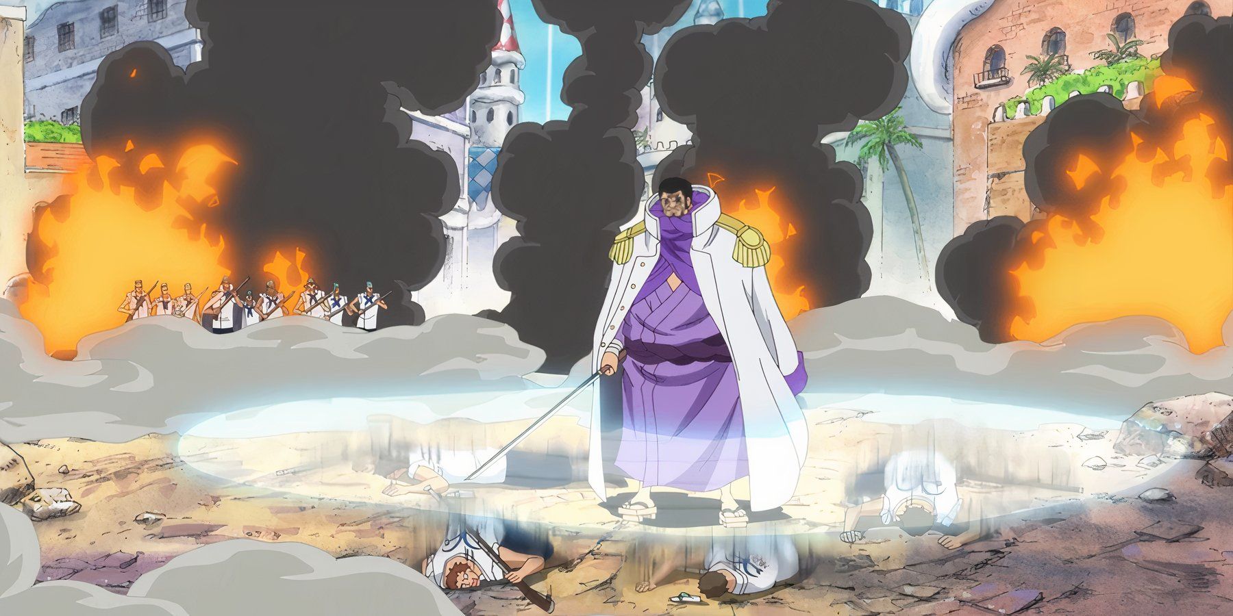 Fujitora uses the Press-Press Fruit's gravity to subdue targets in One Piece's Dressrosa Arc.