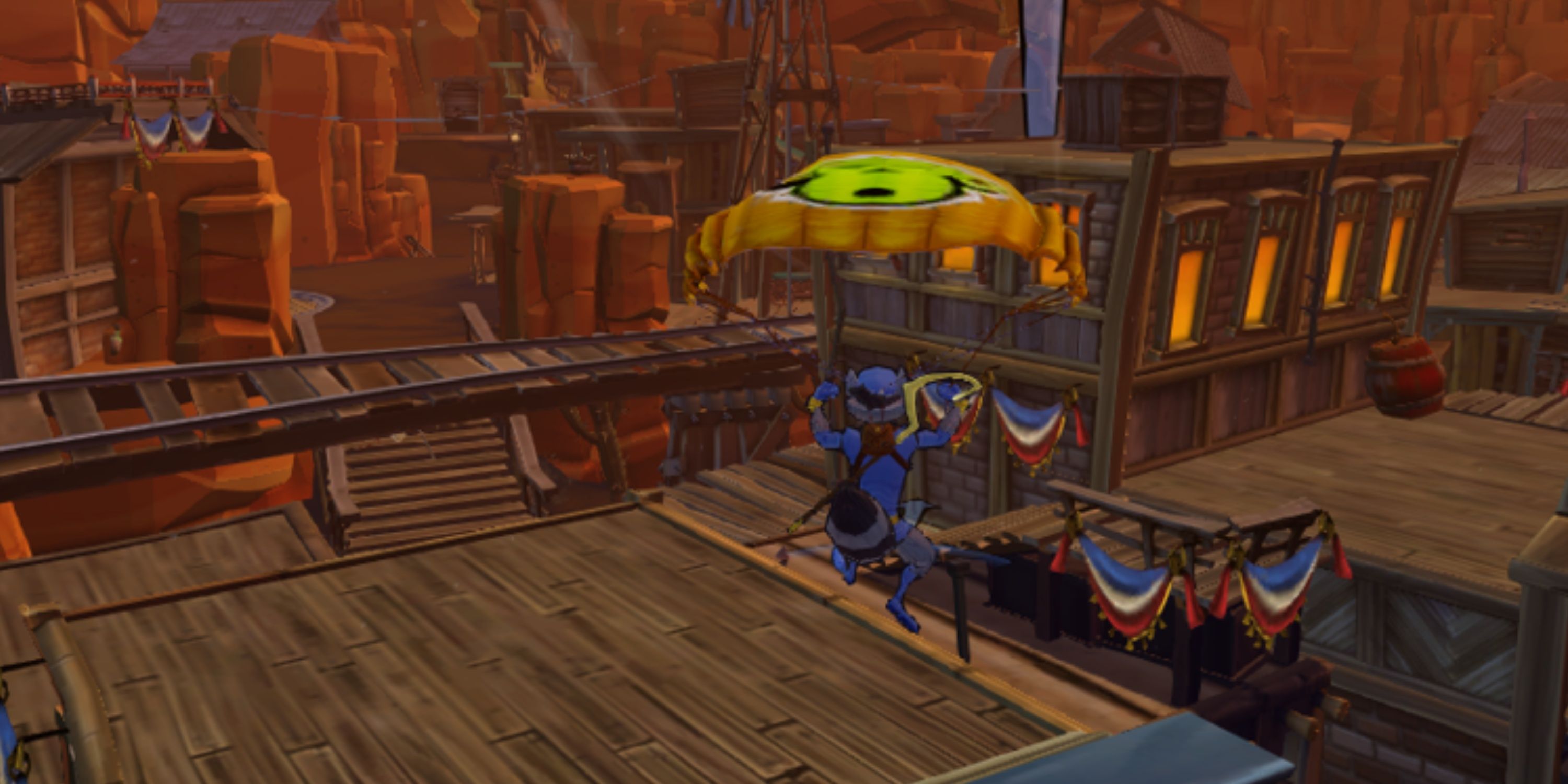 Sly Cooper usa seu parapente para viajar de telhado em telhado em Sly Cooper: Thieves in Time