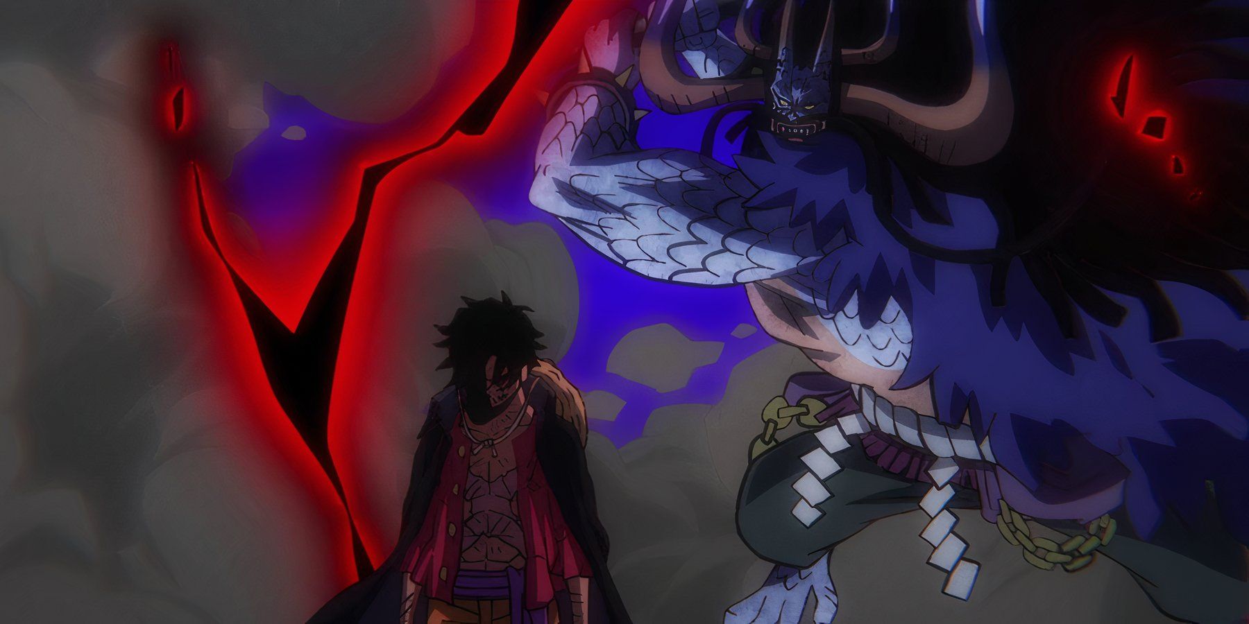 Kaido prepares to hit Luffy with a Haki imbued attack in One Piece.