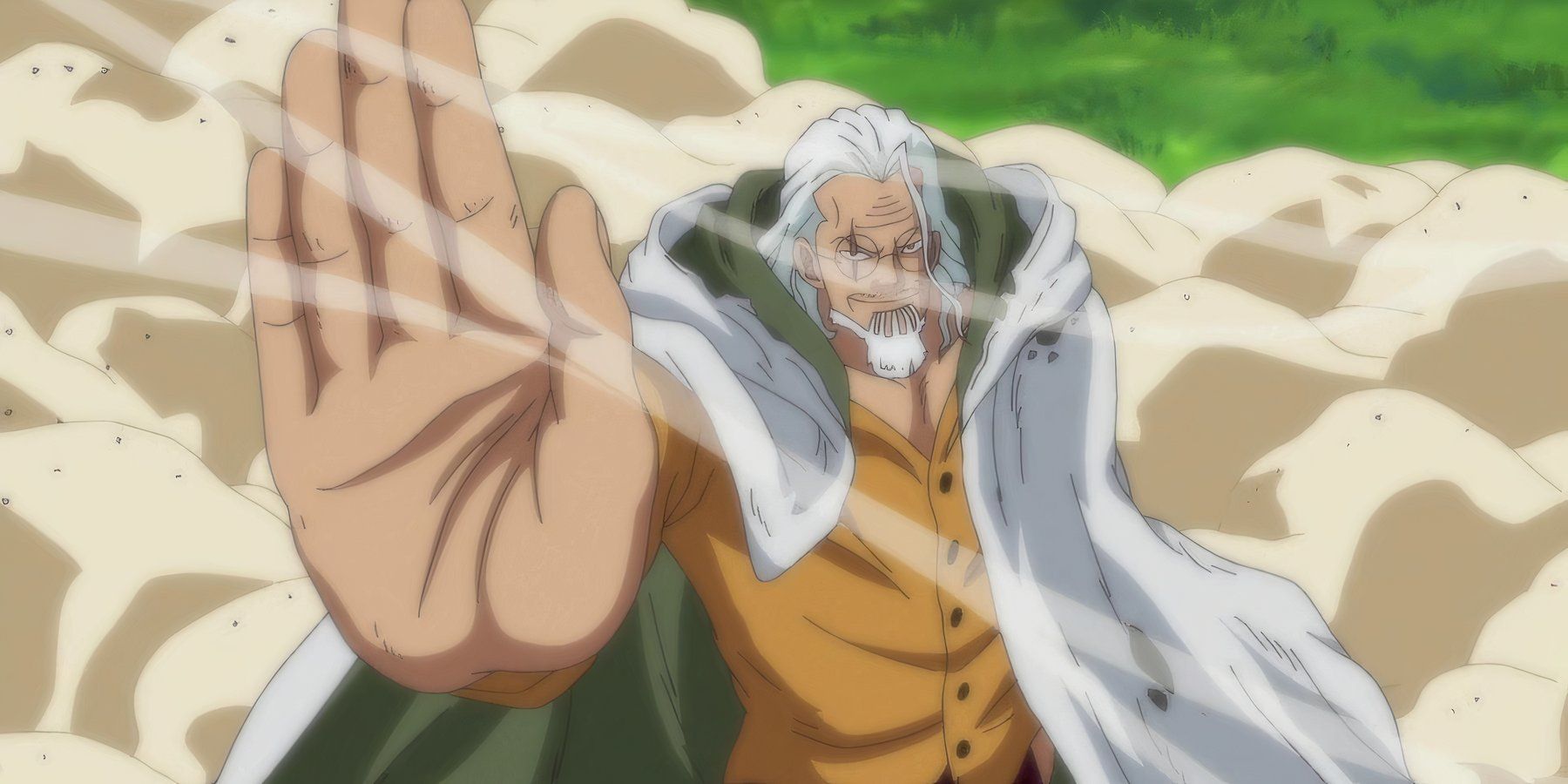 Silvers Rayleigh prepares to block a massive animal's attach with Haki in One Piece.