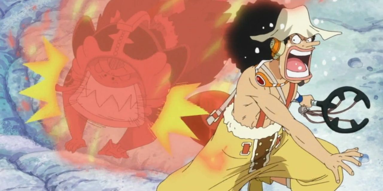 One Piece: Usopp runs from Daruma and his flames during their fight in Sabaody.