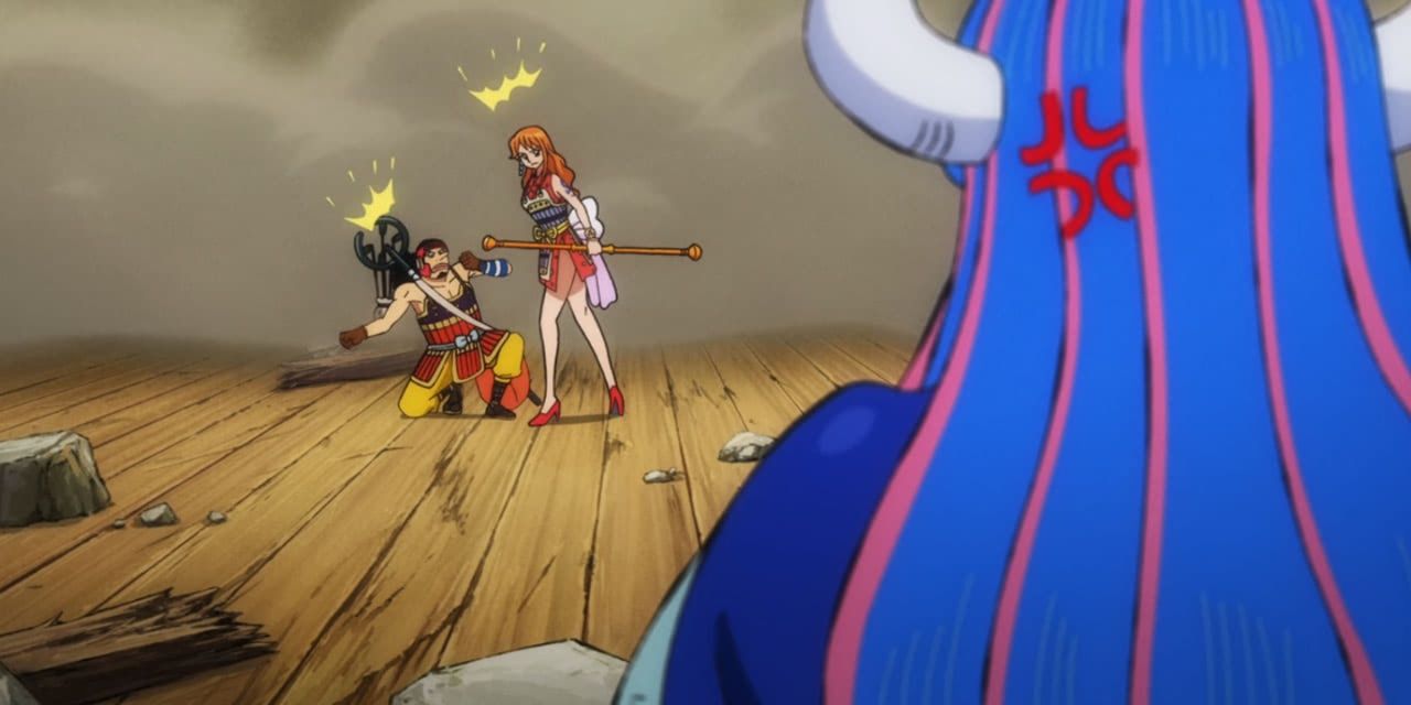 Usopp and Nami stand across from Beast Pirate Ulti in One Piece during the Raid on Onigashima.