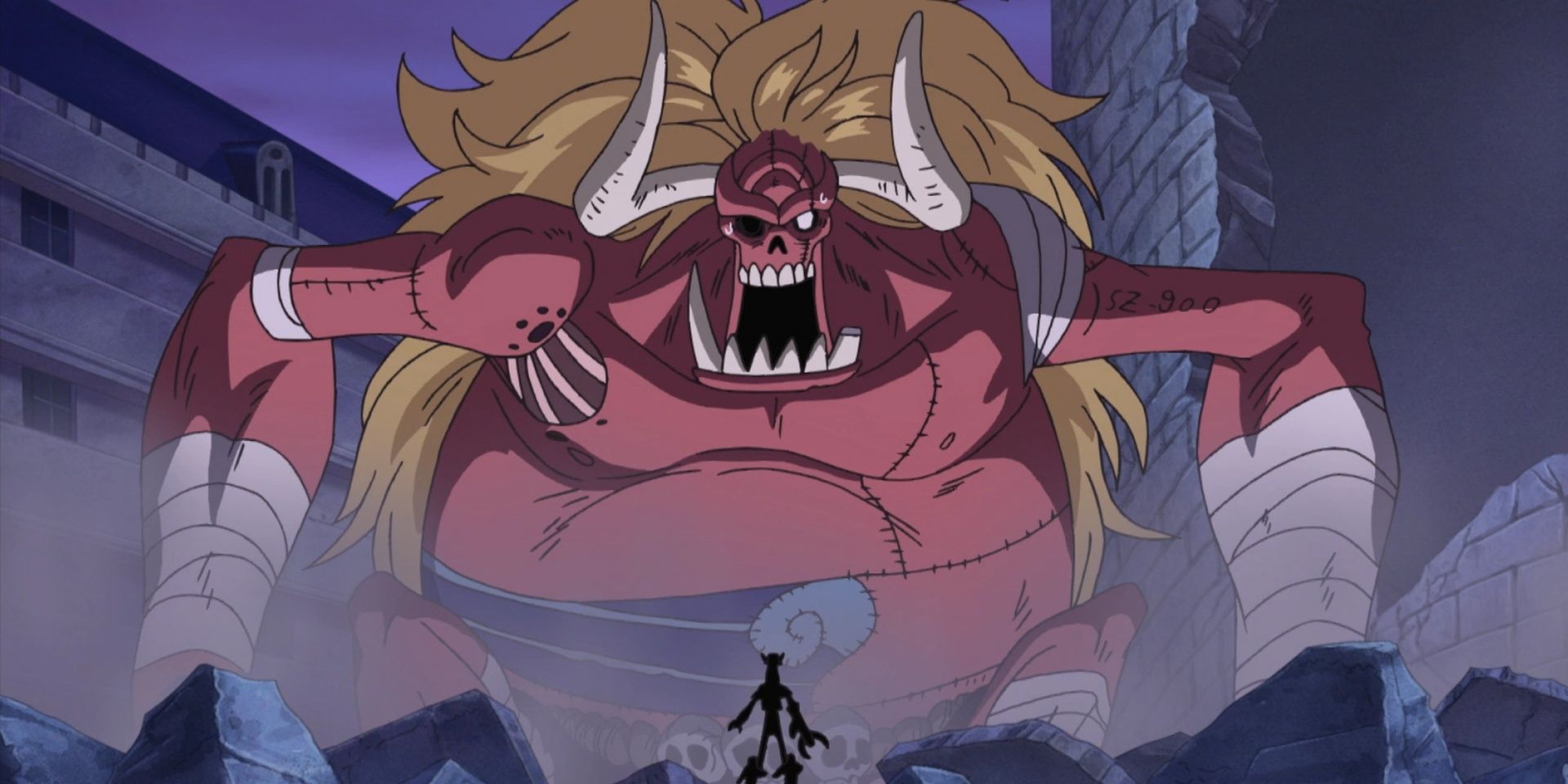 Usopp stands in front of Oars during their battle at Thriller Bark in One Piece.