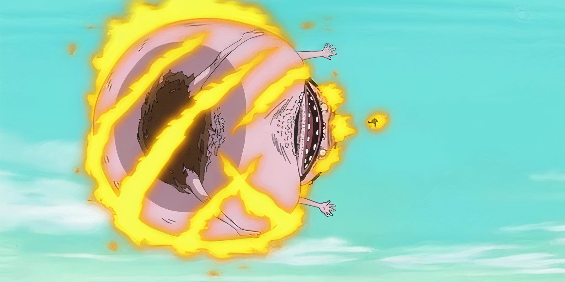 Sanji lights Wadatsumi on fire with his kicks in One Piece.