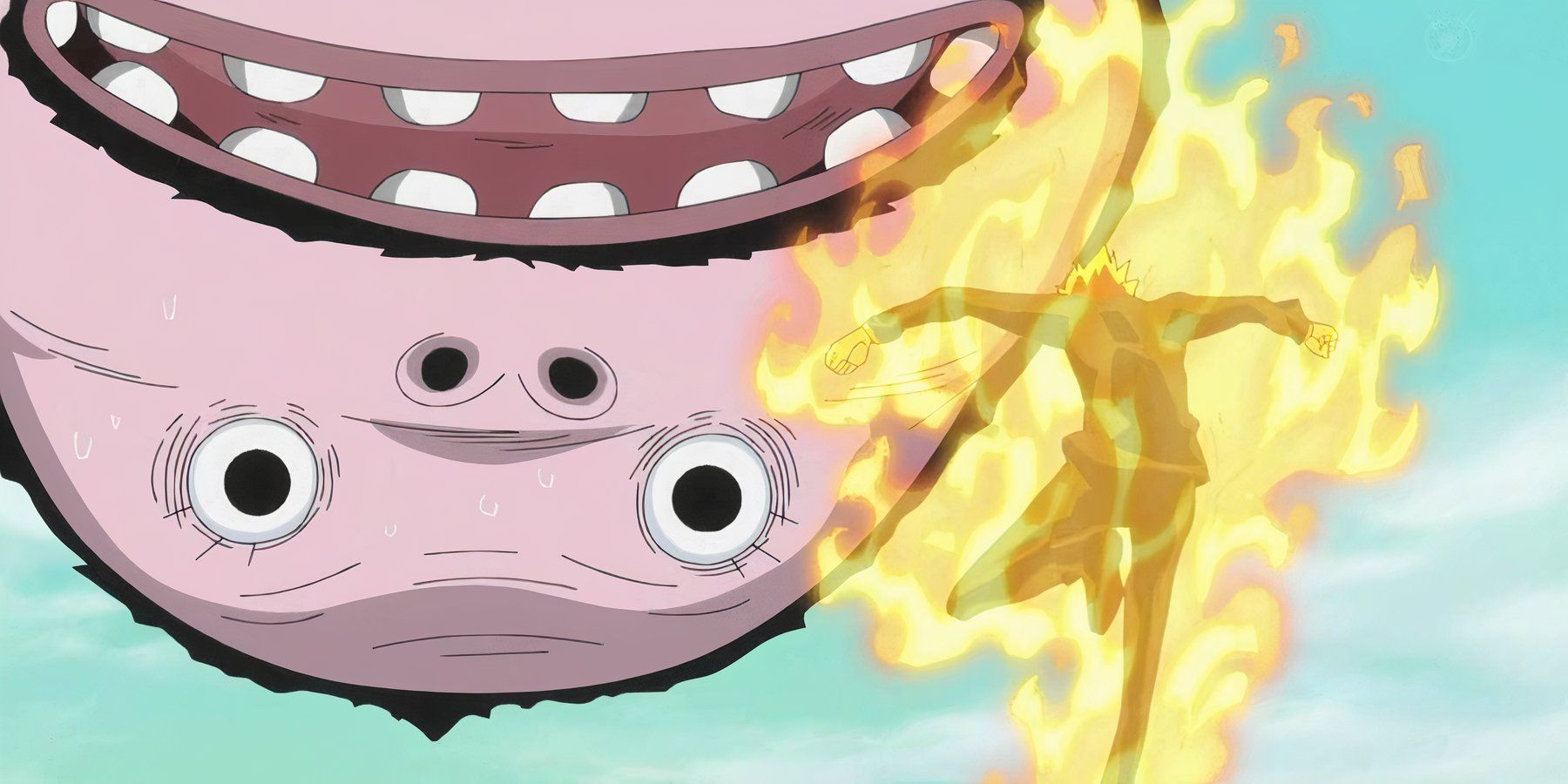 A fiery Sanji prepares to attack a concerned Wadatsumi in One Piece.