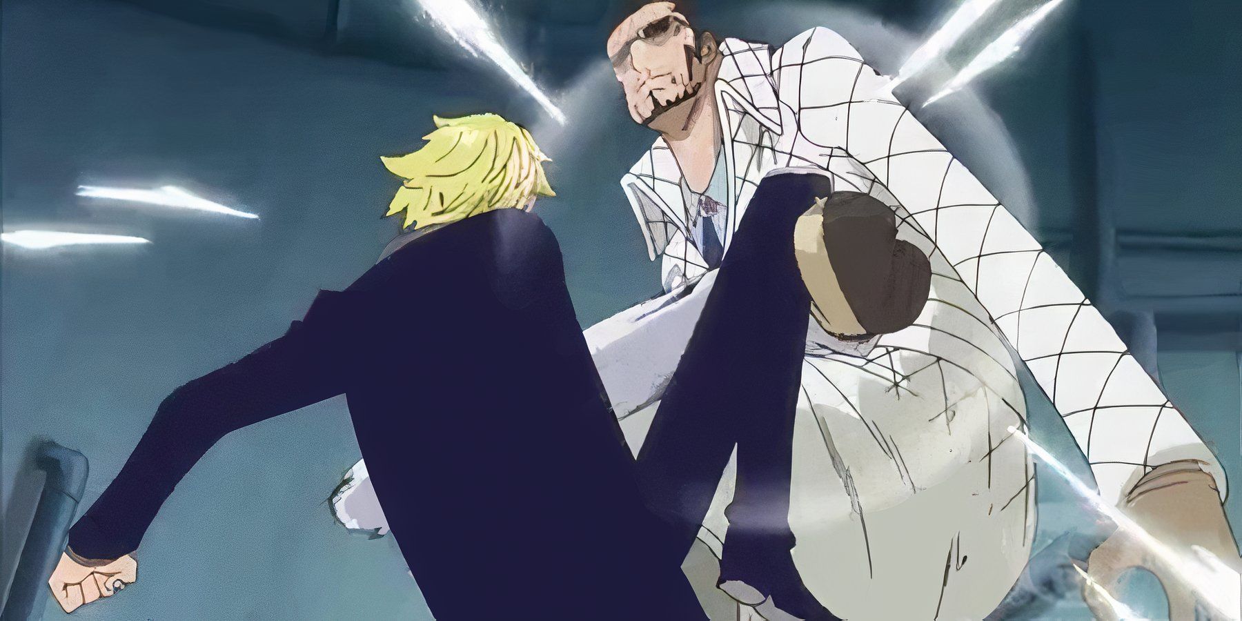 Sanji blocks one of Vergo's kicks in One Piece.