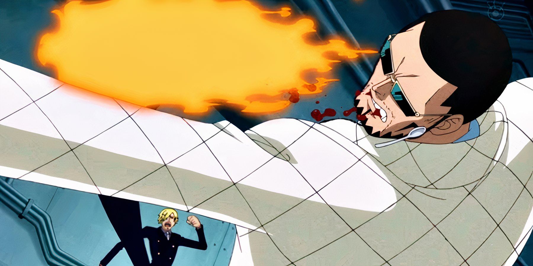 Sanji kicks Vergo in the face with Diable Jambe in One Piece.